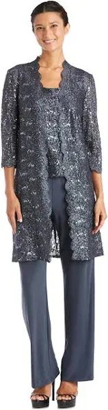 R&amp;M RICHARDS Womens Navy Sequined Lace Pant Suit Plus 18W