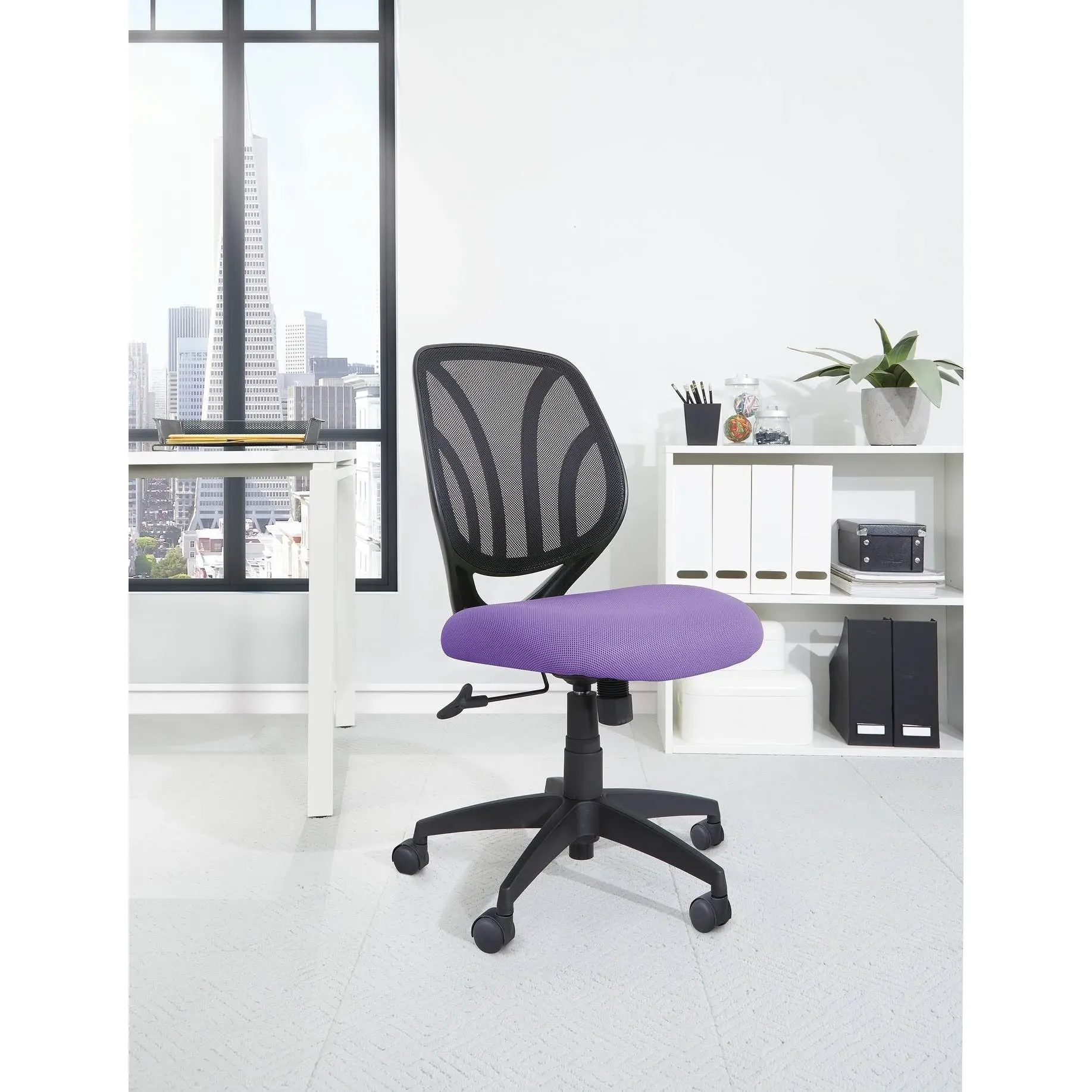 Purple Mesh Screen Back Armless Task Chair with Dual Wheel Carpet Casters