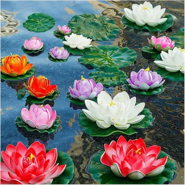 Artificial Lily Pads for Pond, 11in & 6in Artificial Flowers Floating Foam Lotus Flower with Fake Lily Pads, for Pool Garden Koi Fish Pond Aquarium Pool Wedding Decor, 14PCS