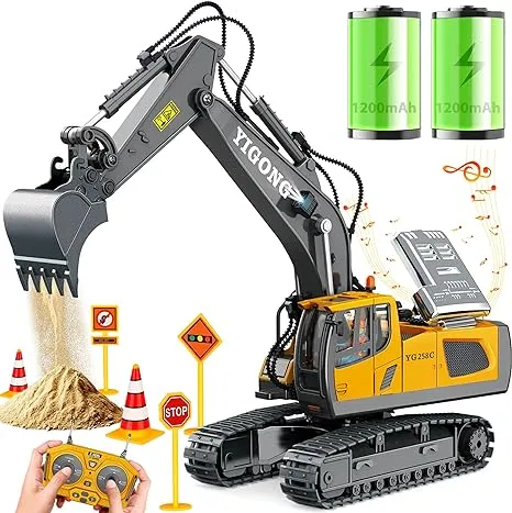 Remote Control Excavator Toys for Boys 4-7 year old, 680-degree Turns with 2 Batteries, Metal Shovel, Roadblock sign, Lights & Sounds, Construction RC Excavator Toy Best Birthday Gift for 6-12 yr Boys