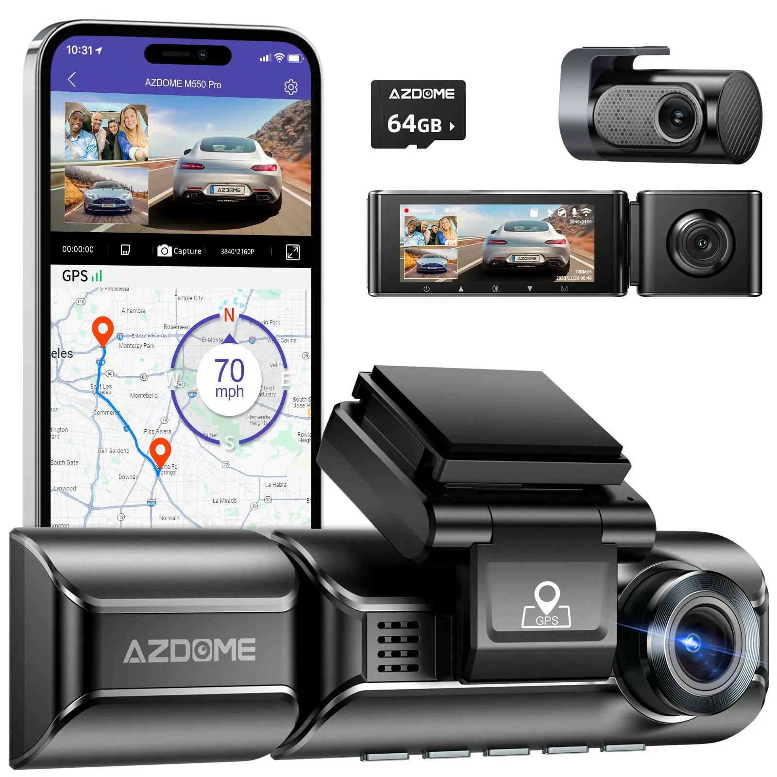 AZDOME M550 3-Kanal-Dashcam, 4K+1080P Dual-Dashcam für Autos, integriertes WiFi-GPS, 1440p + 1080p + 1080p vorne und hinten, 64 GB Karte enthalten, 3,2 Zoll IPS-Bildschirm, WDR, IR-Nachtsicht,