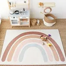 The Happy Hippo Baby Nursery Rug Decor, Safe, Stylish, and Washable Tummy Time Playmat for Bedroom or Living Room Floor, Boho Rainbow Design for Toddler or Kids Playroom, 4 FT Round