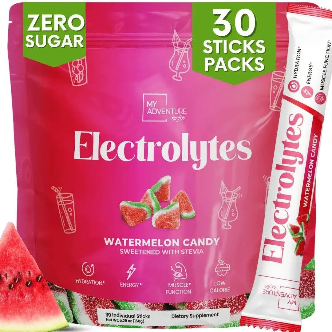 Zero Sugar Watermelon Candy Electrolytes Powder Packets (30 Pack) - All Natural Ingredients, Caffeine Free Energy for Refreshing Hydration - Vegan, Keto, Paleo Sugar Free Electrolytes Powder No Sugar