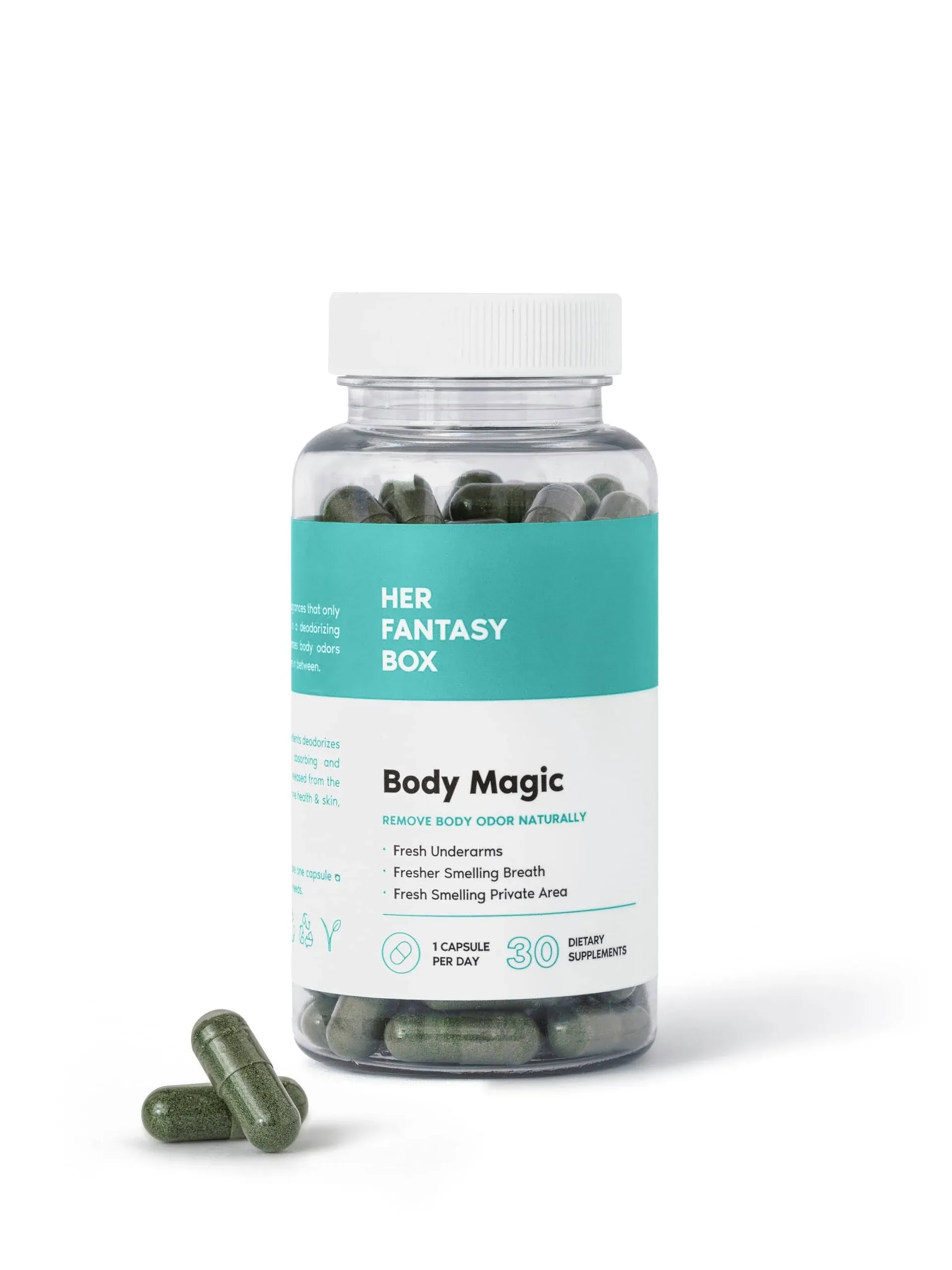 Her Fantasy Box | Body Magic Chlorophyll Capsules - 30 Vegan Capsules - for Detox, Digestion, Gut Health, Skin, Oily Skin & More