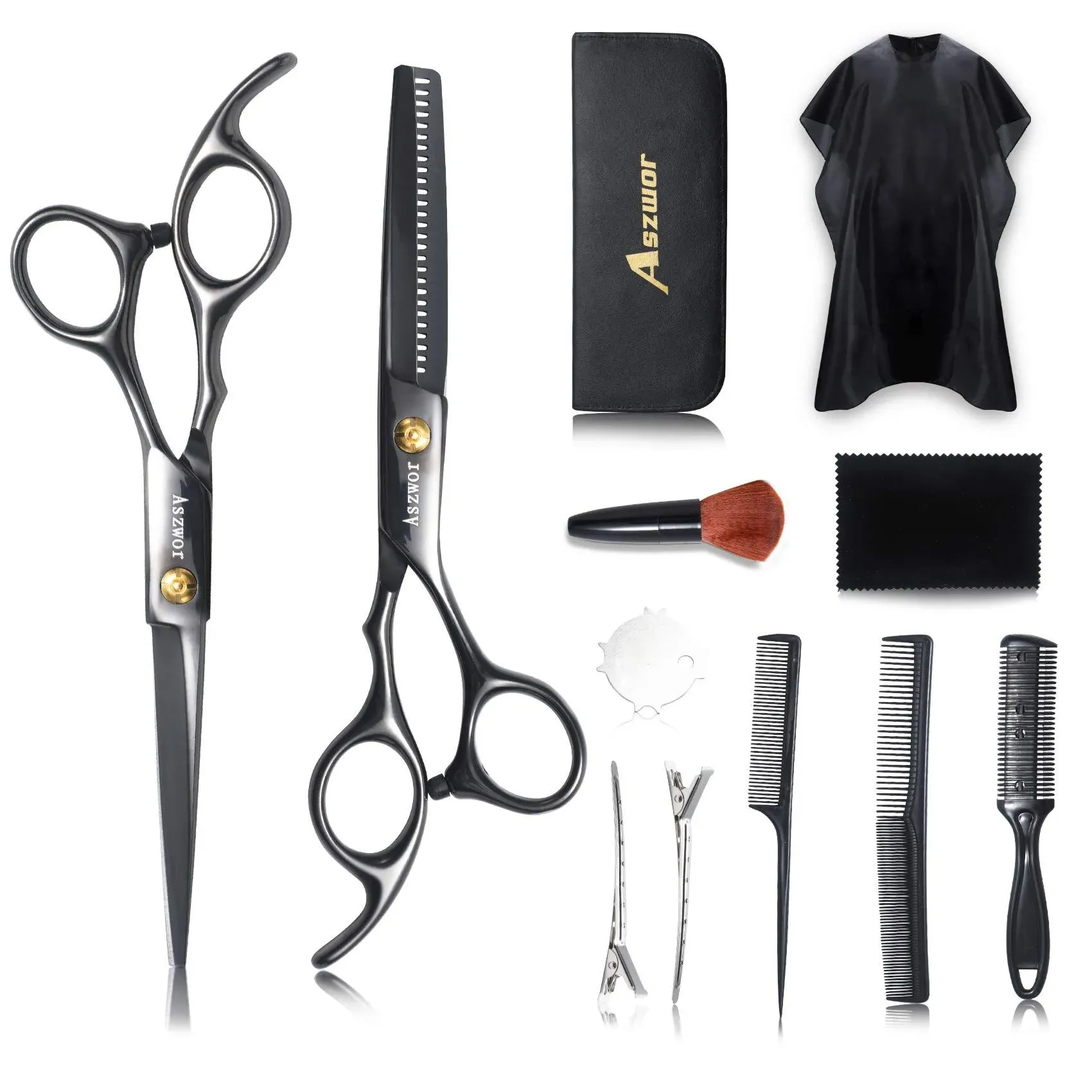 Aszwor 12 PCS Hair Cutting Scissors Kits Hairdressing Scissors Set,Professional Haircut Scissors Kit with Cutting Scissors,thinning Scissors