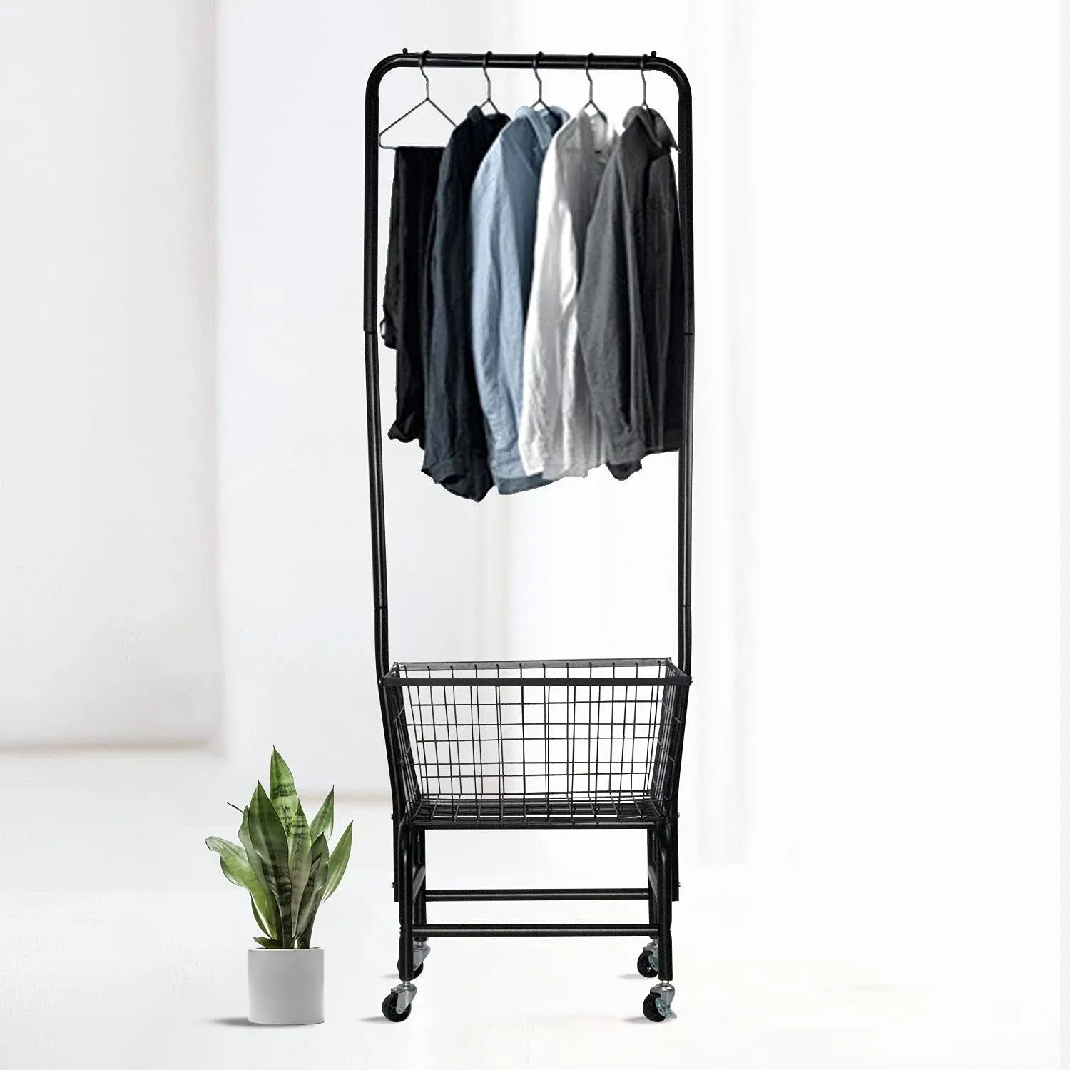 Rolling Laundry Cart with Hanging Rack Rolling Laundry Butler with Wire Stor