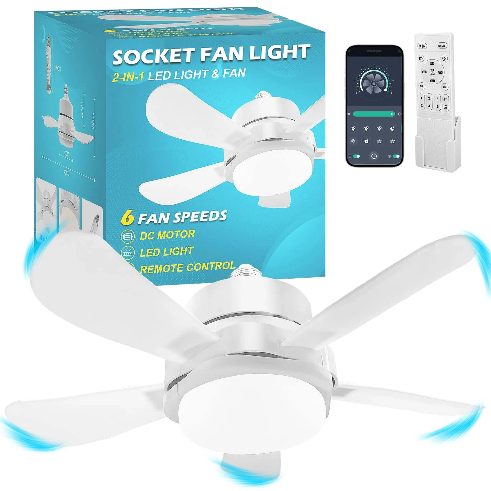 EJTILAI Socket Fan Light with Remote Screw Ceiling Fans with Lights 5 Reversible Blades