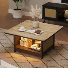 Bestier Modern Rattan Square Coffee Table with LED Light, Black