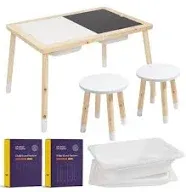 Kids Sensory Table Set with Deep Water and Sand Bins, Writable Lids, Chalk and Dry Erase Markers, and 2 Childrens Stools