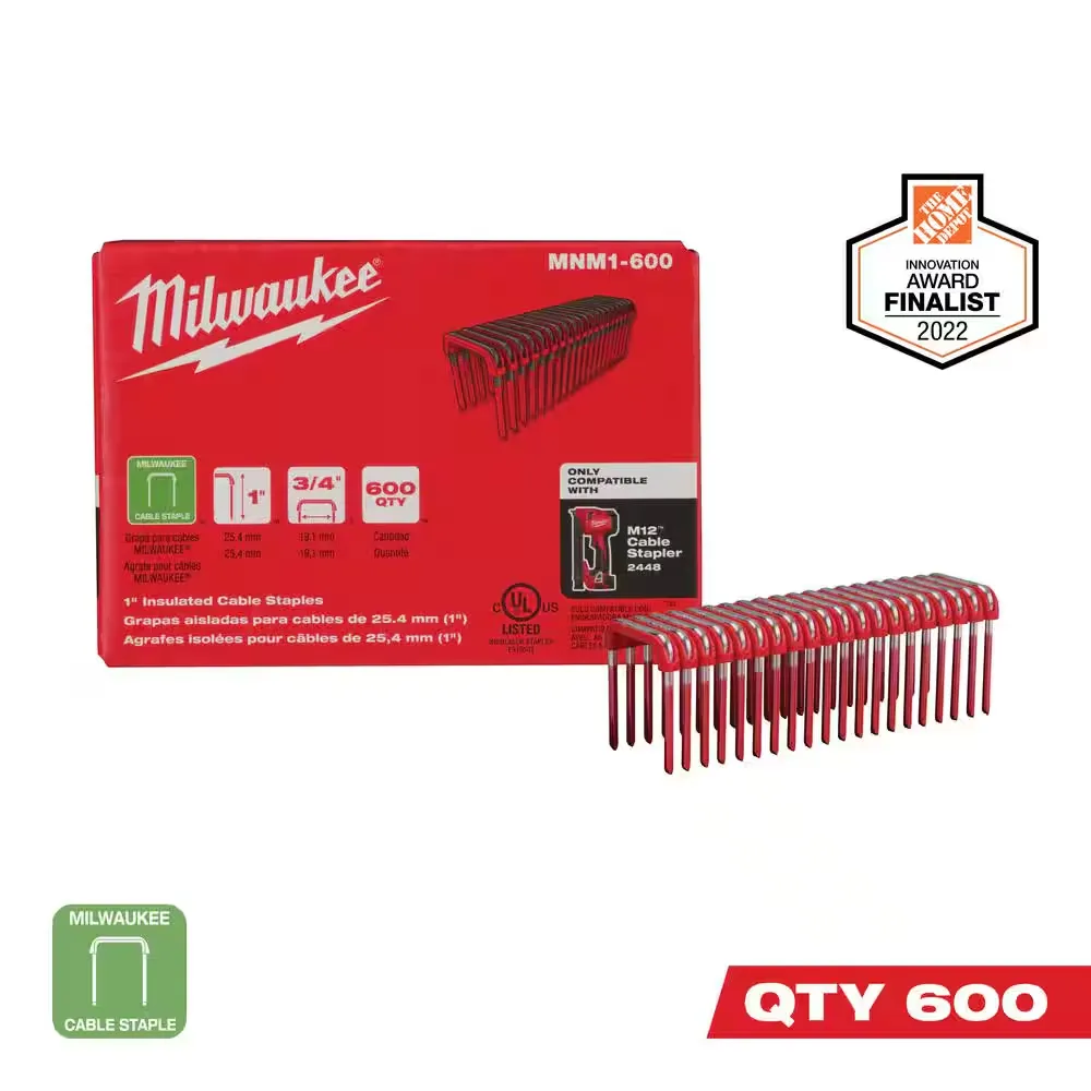 Milwaukee 1in. Insulated Cable Staples, 1 Box of 600 Staples, Model# MNM1-600