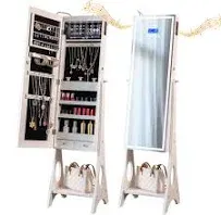 Upgraded Jewelry Armoire Organizer with Bluetooth Speaker, Stand Jewelry Cabinet with Lighted Full Length Mirror,Standing Jewelry Armoire with magnetic lock,Jewelry Storage Mirror White