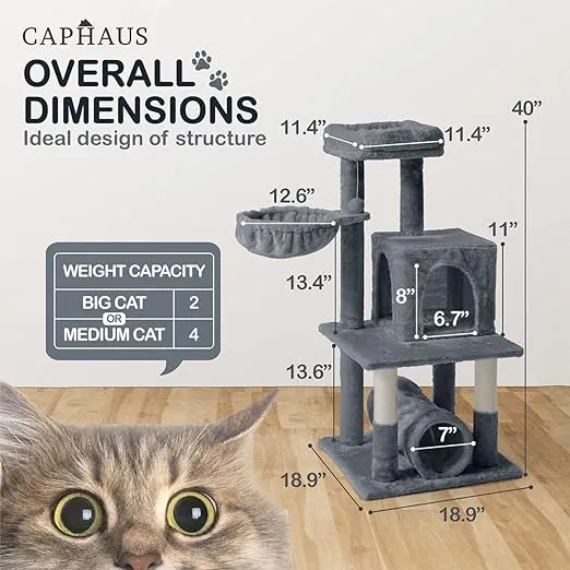 CAPHAUS Cat Tower for Indoor Cats, Modern Cute 40-Inch Small Cat Tree with Widened Perch for Large Cats Kittens, Multi-Level Cat Activity Tree with Scratching Posts, Tunnel, Basket, Cat Cave Condo