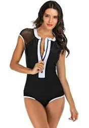 YATEEN Womens Rash Guard Zip Front Sleeveless One Piece Swimsuit