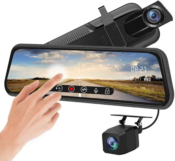 Backup Camera 10 inch Mirror Dash Cam Dual Lens Front Rear Dash Camera 1080P Full Touch Screen Video Streaming Rear View Mirror Loop Recording, Parking Monitor, Night Vision, Waterproof Rear Camera