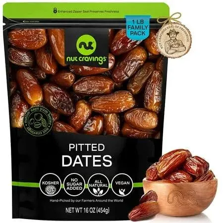 NUT CRAVINGS Dry Fruits - Sun Dried Deglet Noor Dates Pitted, No Sugar Added (16oz - 1 LB) Packed Fresh in Resealable Bag - Sweet Snack, Healthy Food, All Natural, Vegan, Kosher Certified