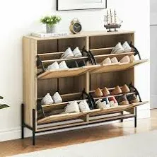 IDEALHOUSE Natural Rattan 4 Flip Door Shoe Cabinet Organizer Freestanding, Modern Shoe Rack Storage Organizer with 3-Tier Adjustable Shelves for Entryway, Closet, Hallway