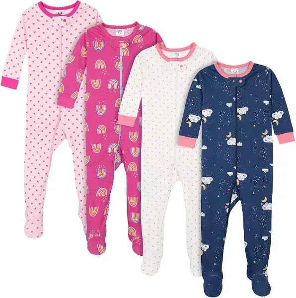 Gerber Baby & Toddler Girls Snug Fit Cotton Footed 1pc Pajamas, 4-Pack (0/3m-5t)