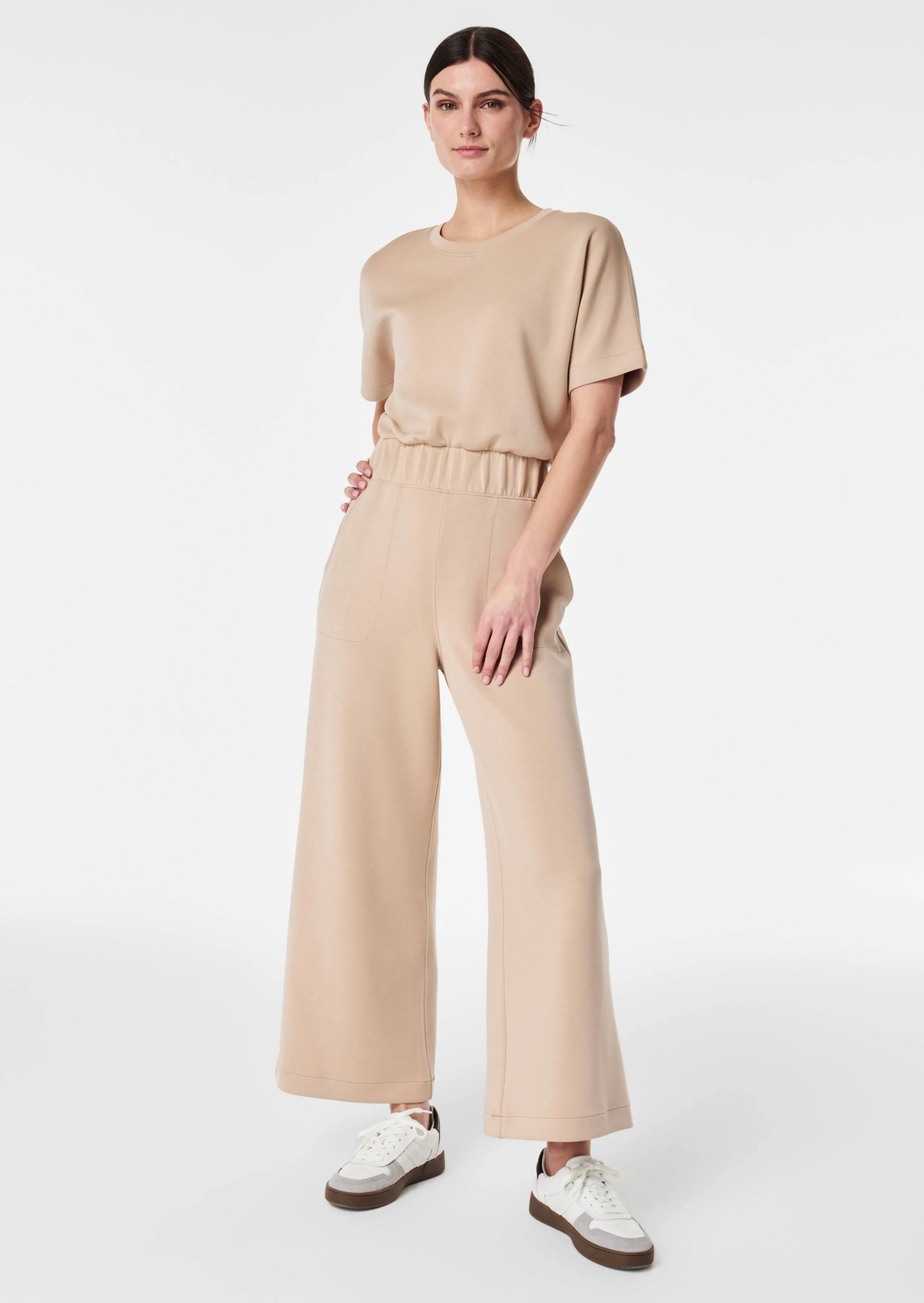 Spanx AirEssentials Cropped Wide Leg Jumpsuit- Tahini L