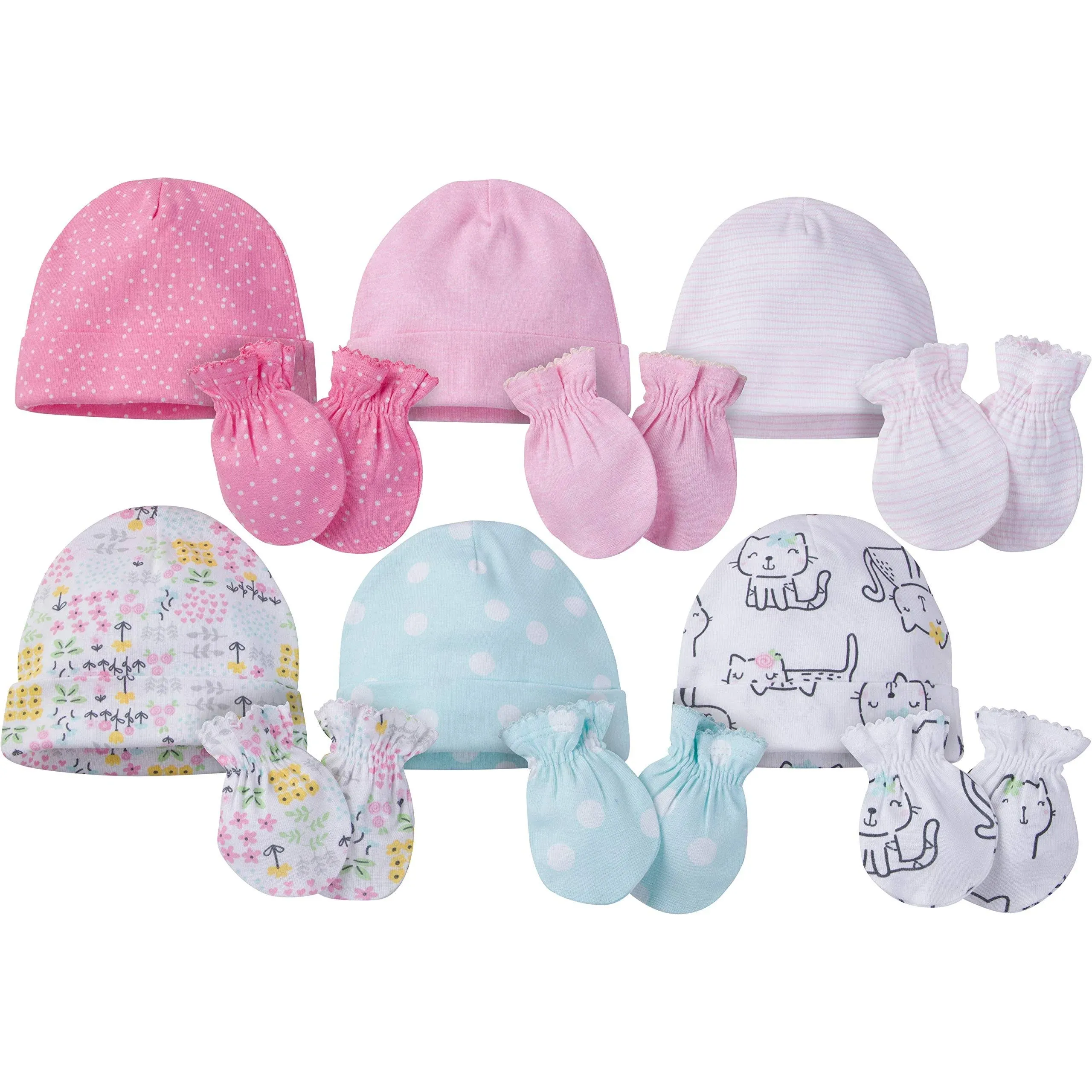 12-Piece Baby Girls Cats Caps and Mitten Set