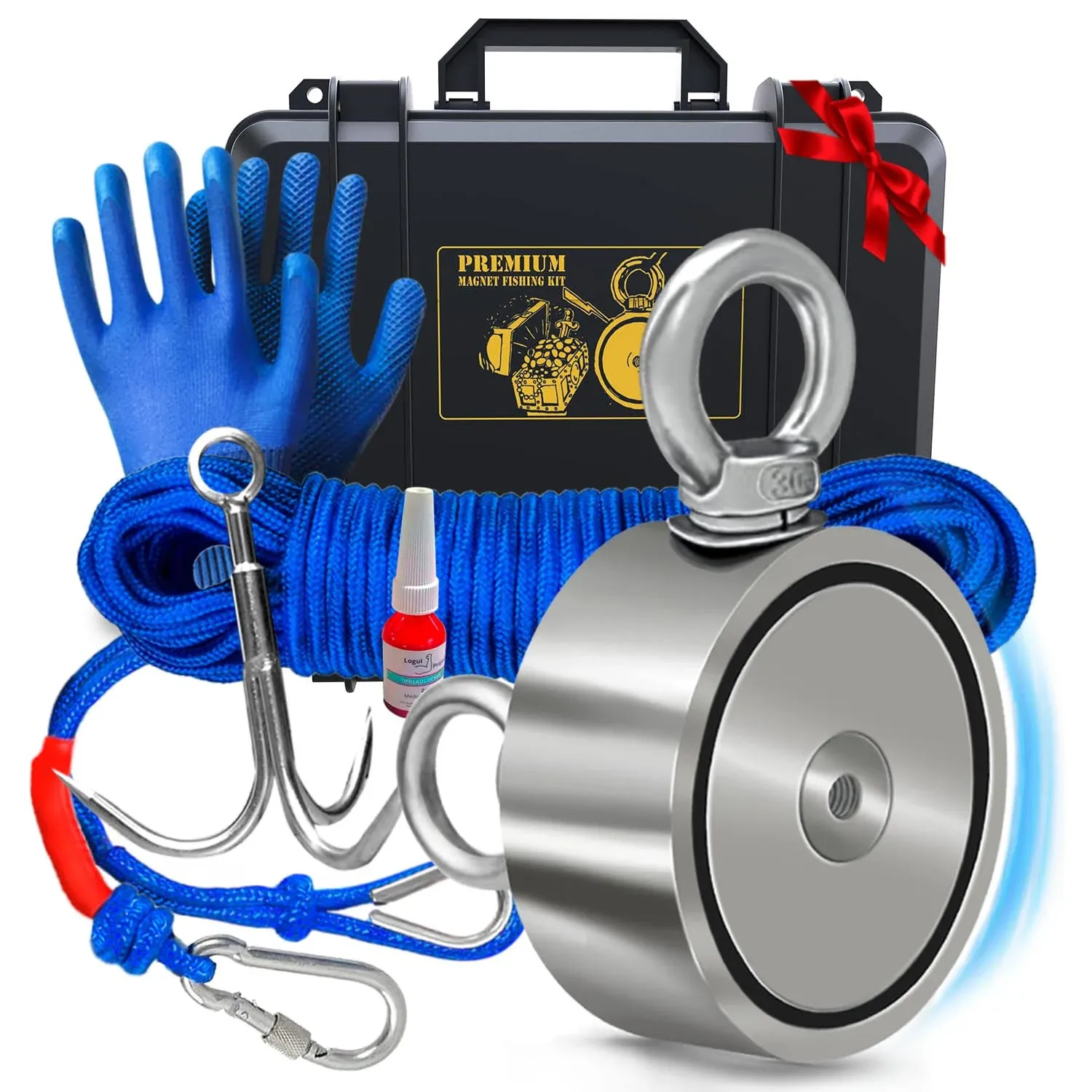 1200 LB Magnet Fishing Kit with Case - 2 Fishing Magnets in 1 (Double Sided Magnet) - with Grappling Hook, Heavy Duty 65FT Rope, Gloves, Carabiner, Foldable Bucket - Fishing Magnet Kit