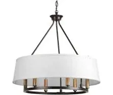 Cherish Collection 6-Light White Linen Shade Coastal Chandelier Light Antique Bronze