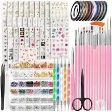 FANDAMEI Nail Art Decorations & Brushes Set, Nail Art Brushes, Dotting Tools, 54 Sheets Water Transfer Nail Art Stickers, Nail Striping Tape, Nail Foils, Rhinestones For Nails, with Tweezer & Scissors