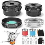 Odoland 16Pcs Camping Cookware Mess Kit with Folding Camping Stove, Non-Stick Li