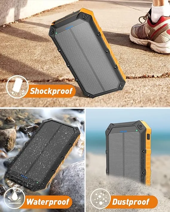 Solar-Charger-Portable-Solar-Power-Bank-42800mAh Waterproof Portable External Backup Battery Charger Built-in Dual QC 3.0 5V3A Fast USB and Flashlight for All Phone (Orange)