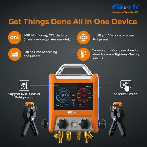 Elitech EMG-20V Intelligent 2 Valves Digital Manifold Kit with 5” Smart Touch Screen HVAC Gauge with