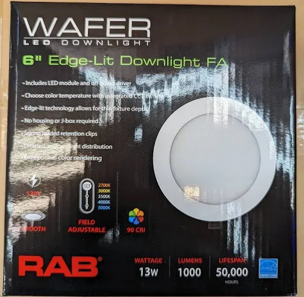 RAB Lighting 6" 13 Watt LED Edge-Lit Wafer Downlight, Smooth Trim, CCT