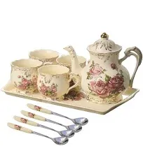 YOLIFE Porcelain Tea Set Vintage Rose, Tea Cups with Teapot, Serving Tray and Teaspoon Service for 4