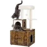 FourFurPets Multipurpose Litter Box Enclosure, Cat Tree and Condo, Side Table, with Large Platform, Cat House, Full Sisal Posts, Removable Washable Cushion, Rustic Brown