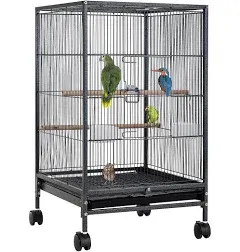 35/53-Inch Wrought Iron Bird Cage with Play Open Top and Rolling Stand, Black