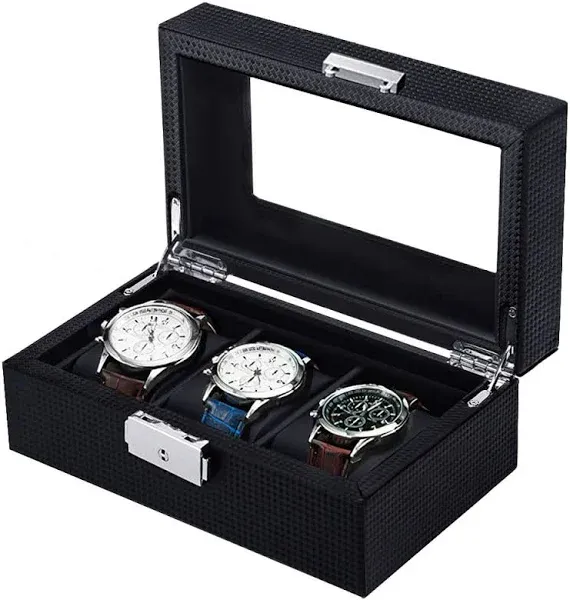 Watch Box for Men Women, 3-Slot Watch Holder with Glass Display,Watch Storage Ca