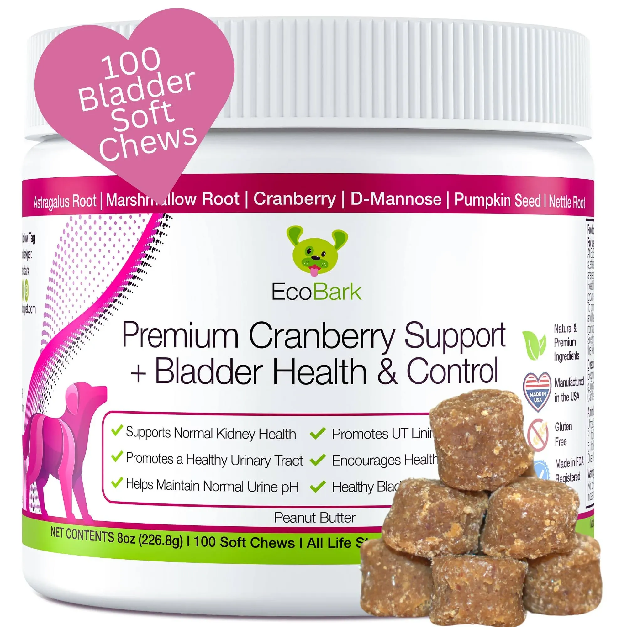 EcoBark Natural Urinary Tract Cranberry Supplements for Dogs - Bladder Health & Kidney Support for Dogs - UTI Relief - Dog Bladder Control Chews - Dog Cranberry Soft Chews for Dog Incontinence Support