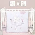 Sammy & Lou Cottontail Cloud 4-Piece Baby Nursery Crib Bedding Set for Girls, Includes Quilt, Fitted Crib Sheet, Crib Skirt, and Plush Toy