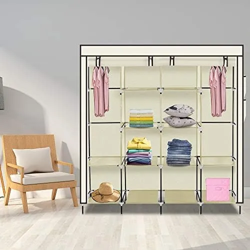 67&#034; Clothes Closet Portable Wardrobe Storage Rack 12 Shelves 4 Side Pocket Beige