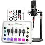 Hayner-Seek Podcast Equipment Bundle, Gaming Audio Mixer with 48V Podcast Microphone, Individual Volume Slider, Voice Changer RGB Audio Interface for