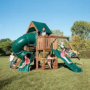 Swing-N-Slide WS 8359 Tellico Terrace Wood Swing Set with Two Slides, Climbing Wall & Swings, Brown