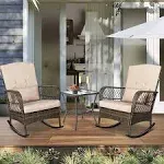 Enstver 3 Pieces Patio Conversation Set w/ 2 Rattan Wicker Rocking Chairs and Glass Table,for Garden Backyard Lown Porch, Beige, Size: Chair Dimension