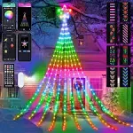 Outdoor Christmas Decorations Lights with Star, Smart DIY Custom Display 11.8ft 64 Modes Yard Waterfall Tree String Lights, App Control 344LED RGB