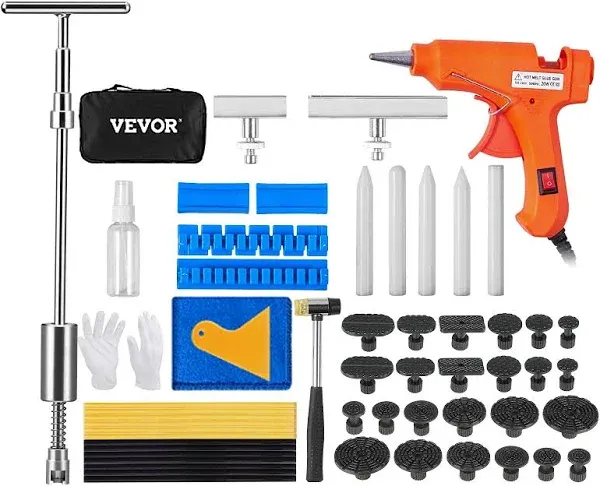 VEVOR 52 PCS Dent Removal Kit, Paintless Dent Repair Kit with 2-in-1 Slide Hammer with Stainless Steel Grooves, Short Puller Lines and Long Puller Lines, for Auto Dent Removal, Minor Dents, Door Ding