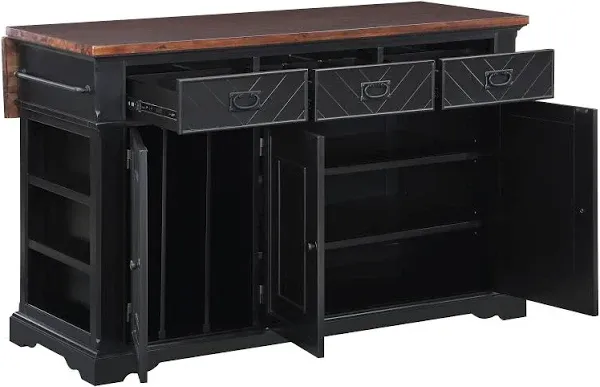 OSP Home Furnishings Palisade Kitchen Island with 3 Drawers and Cabinets with Adjustable Shelves and Pan Storage, Black Finish