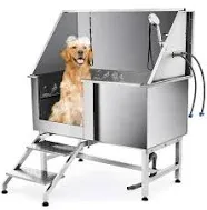 YITAHOME 50" Dog Grooming Tub 304 Stainless Steel Professional Dog Bathing Station w/Ramp, Floor Grate, Faucet, Dog Bathtub for Large, Medium, Small Pets Left Door, Dog Washing Station for Home