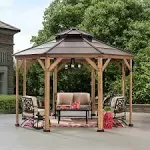 Sunjoy 13 ft. x 13 ft. Cedar Framed Octagon Gazebo with Brown Steel 2-Tier Hardtop Roof