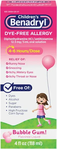 Benadryl Children&#039;s Dye-Free Allergy Liquid Bubble Gum Flavored  4 Oz