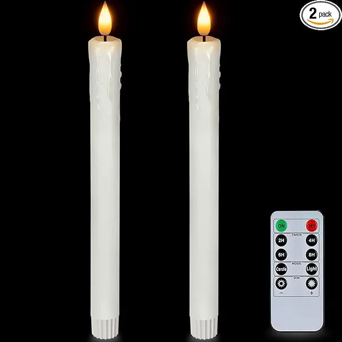 Homemory Real Wax Flameless Taper Candles with Remote Timer, 9.6 Inches White LED Flameless Candlesticks, Dripless Battery Operated Window Candles Flickering Pack of 2 for Fireplace Xmas Halloween