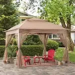 Sunjoy 10 x 10 ft. Soft Top Gazebo, Outdoor Patio Backyard Modern Grey 2-Tier Steel Frame Gazebo with Mesh Netting