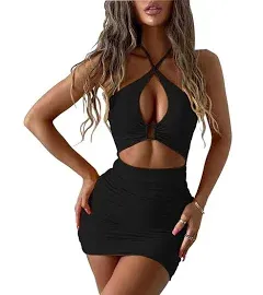 SHESEEWORLD Women's Sexy Club Sleeveless Halter Neck Ruched Bodycon Mini Party Dress