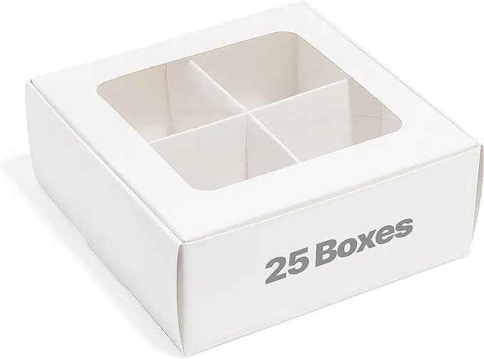 Small Cookie Boxes - White | 4 Treats - Window and Dividers | 6 x 6 x 2.4 Inches | Pack of 25